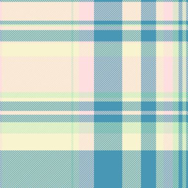 Tartan dokusu arkaplanı kontrol ediliyor, şablon kumaş deseni dikişsiz. Ekzotik kontrol vektörü ekose tekstil ışık ve cyan renk paleti.