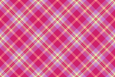 Oturma odası kusursuz vektör kontrolü, gevşeme desenli tartan ekose. Karmaşık tekstil arka plan kumaşı pembe ve mor renk paletinde.