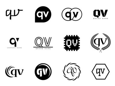 QV logo şirketi şablonu. Q ve V harfi logoti. Tasarım elemanları ile farklı klasik serif harfleri ve modern kalın metin ayarla. İlk yazı tipi tipografisi.