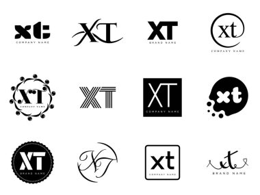 XT logo şirketi şablonu. Harf X ve T logoti. Tasarım elemanları ile farklı klasik serif harfleri ve modern kalın metin ayarla. İlk yazı tipi tipografisi.