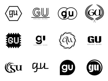 GU logo şirketi şablonu. G harfi ve senin logotin. Tasarım elemanları ile farklı klasik serif harfleri ve modern kalın metin ayarla. İlk yazı tipi tipografisi.
