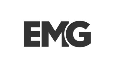 Güçlü ve modern kalın metinli EMG logo tasarım şablonu. Basit ve minimal tipografi içeren ilk tabanlı vektör logosu. Moda şirket kimliği.