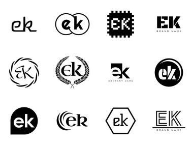EK logo şirketi şablonu. E harfi ve k logoti. Tasarım elemanları ile farklı klasik serif harfleri ve modern kalın metin ayarla. İlk yazı tipi tipografisi.