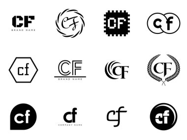 CF logo şirketi şablonu. C harfi ve F logosu. Tasarım elemanları ile farklı klasik serif harfleri ve modern kalın metin ayarla. İlk yazı tipi tipografisi.