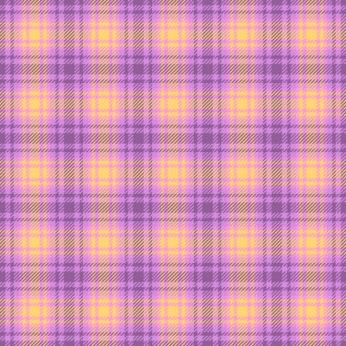Tercih dokusu kumaş vektörü, geometrik kontrol tekstil tartan. Jersey arkaplan deseni mor ve kehribar renk paletinde ekosesiz.