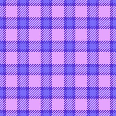 Modaya uygun vektör geçmişi kontrolü, kendi kendine tartan kumaş deseni. Çivit mavisi ve mor renk paletinde kusursuz tekstil deseni reklamı.
