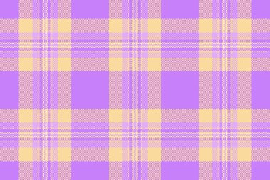 Endüstriyel tekstil ekoseli, yastık vektör dokusu pürüzsüz. Kare arkaplan kumaş tartan deseni menekşe ve kehribar renk paletinde.