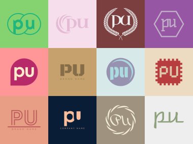 PU logo şirketi şablonu. P harfi ve u logotype. Tasarım elemanları ile farklı klasik serif harfleri ve modern kalın metin ayarla. İlk yazı tipi tipografisi.