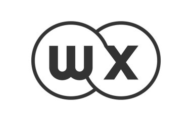 WX şirket amblemi, ana hatlar ve W X harfleriyle. Marka kimliği için birleşmiş iki dairenin logo şablonu, logotip. Vektör Sonsuzluk sembolü