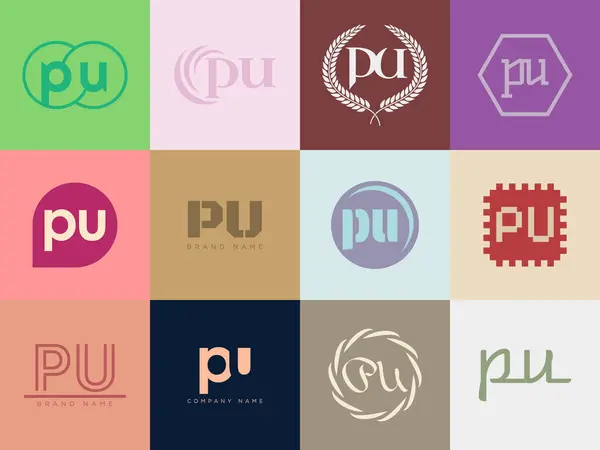 stock vector PU logo company template. Letter p and u logotype. Set different classic serif lettering and modern bold text with design elements. Initial font typography.