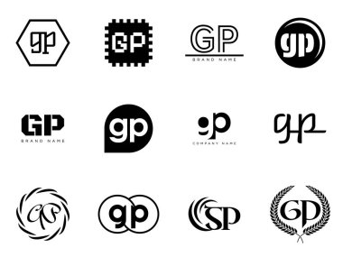 GP logo şirketi şablonu. G harfi ve p logoti. Tasarım elemanları ile farklı klasik serif harfleri ve modern kalın metin ayarla. İlk yazı tipi tipografisi.