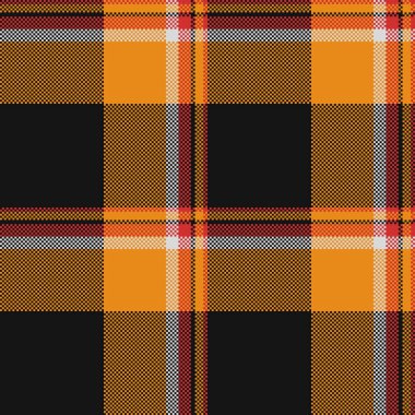 Dekoratif doku vektörü, geometrik kontrol arkaplan ekoseli. Siyah ve turuncu renk paletli, dikişsiz kumaş kumaş..