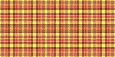 Eskimiş tartan arka plan kumaşı, geniş tekstil dikişsiz kontrol. Kırmızı ve sarı renk paletinde eski moda desenli ekose desen vektörü.