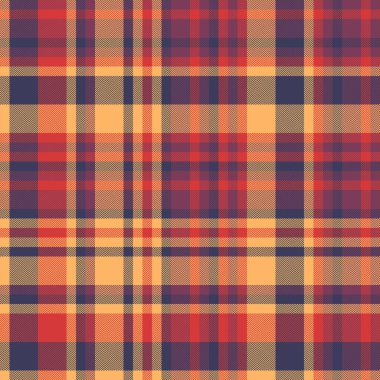 Şekil kontrolü kumaş ekoseli, tartan desenli vektör süsleme. Yoğun tekstil dokusu turuncu ve çivit renk paletinde pürüzsüz arkaplan.