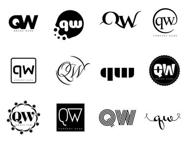 QW logo company template. Letter q and w logotype. Set different classic serif lettering and modern bold text with design elements. Initial font typography. clipart