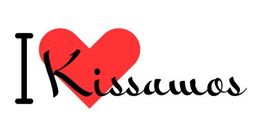 Kissamos 'u seviyorum, Yunanistan' ı. Kırmızı kalpli el yazısıyla yazılmış mektuplar. Vektör illüstrasyonu, modern tasarım