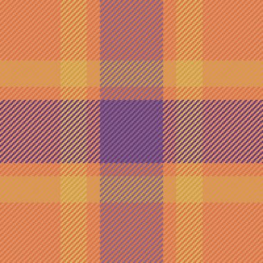 Özelleştirilebilir tartan dikişsiz vektör, örtülü tekstil dokusu arka planı. Oluşturma deseni turuncu ve mor renkli kumaş ekosesini kontrol et.