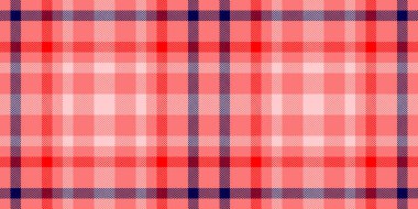 Uzun, dikişsiz ekose kumaş, çek dokusu tekstili. Kırmızı ve açık renk paletinde canlı desenli tartan arkaplan.