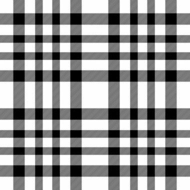 Çizgili ekose arka plan dokusu, ikonik desenli tekstil vektörü. Beyaz ve siyah renk paletinde pürüzsüz tartan kumaşı kontrol et.