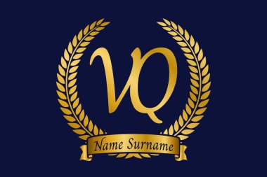 İlk harf V ve Q, VQ monogram logo tasarımı defne çelengi. Kaligrafi yazı tipli lüks altın amblem.