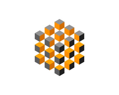 Küp logosu, geometrik vektör tasarımı. Kutu logoti şirketi, piksel biçiminde moda teknoloji amblemi.