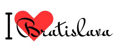 Bratislava 'yı seviyorum, Slovakya şehri. Kırmızı kalpli el yazısıyla yazılmış mektuplar. Vektör illüstrasyonu, modern tasarım