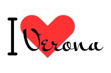 Verona 'yı seviyorum, İtalya' yı. Kırmızı kalpli el yazısıyla yazılmış mektuplar. Vektör illüstrasyonu, modern tasarım