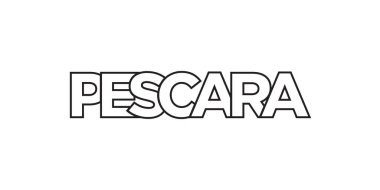 Pescara İtalya ambleminde baskı ve ağ için. Tasarım, modern yazı tipinde cesur tipografiye sahip geometrik stil, vektör illüstrasyonuna sahiptir. Beyaz arkaplanda izole edilmiş grafiksel slogan harfleri.