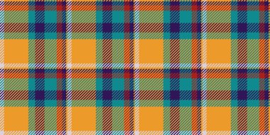 Kaz desenli kumaş kontrolü, karmaşık doku vektör arka planı. Yorgan kumaşlı, turuncu ve cyan renklerinde ekosesiz ekose..