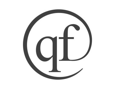 Çember şeklinde e-posta işareti tarzında iki harfli QF logosu. Q ve F iş şirketlerinin yuvarlak logosu