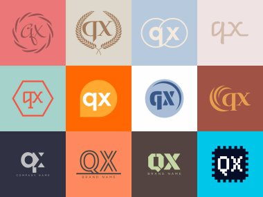 QX logo şirketi şablonu. Q ve X harfi logoti. Tasarım elemanları ile farklı klasik serif harfleri ve modern kalın metin ayarla. İlk yazı tipi tipografisi.