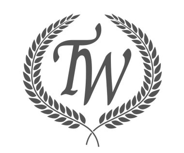 İlk harf T ve W, defne çelenkli TW monogram logo tasarımı. Kaligrafi yazı tipli lüks amblem.