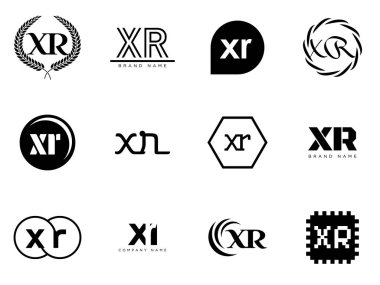 XR logo şirketi şablonu. X ve R harfi logoti. Tasarım elemanları ile farklı klasik serif harfleri ve modern kalın metin ayarla. İlk yazı tipi tipografisi.