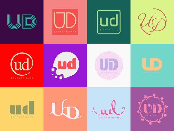 UD logo company template. Letter u and d logotype. Set different classic serif lettering and modern bold text with design elements. Initial font typography.