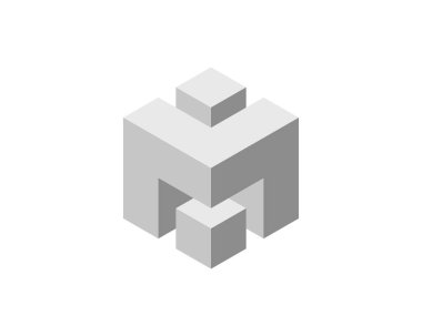 Küp logosu, geometrik vektör tasarımı. Kutu logoti şirketi, piksel biçiminde moda teknoloji amblemi.