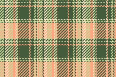 Yatak tartan dokusu kontrolü, kusursuz vektör arkaplanı. Kürklü kumaş kumaş ekoseli yeşil ve turuncu renk paleti.