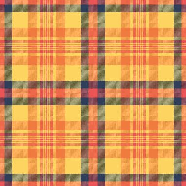 Daire kumaş tekstil vektörü, geçmiş taraması. Kehribar ve turuncu renk paletinde Daisy desensiz tartan deseni.
