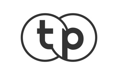 TP şirketinin amblemi, ana hatlı mermiler ve iki birleşik dairenin logo şablonu, marka kimliği, logoti. Vektör Sonsuzluk sembolü