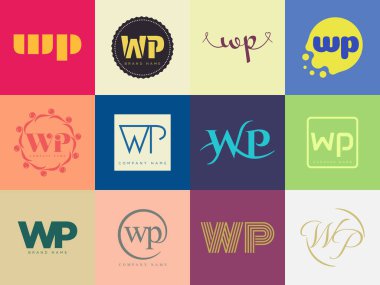 WP logo şirketi şablonu. Harf w ve p logoti. Tasarım elemanları ile farklı klasik serif harfleri ve modern kalın metin ayarla. İlk yazı tipi tipografisi.