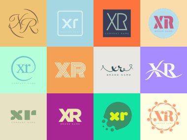 XR logo şirketi şablonu. X ve R harfi logoti. Tasarım elemanları ile farklı klasik serif harfleri ve modern kalın metin ayarla. İlk yazı tipi tipografisi.