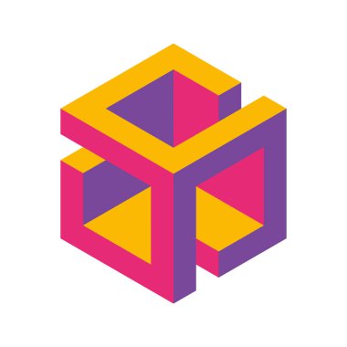 Küp logosu, geometrik vektör tasarımı. Kutu logoti şirketi, izometrik 3 boyutlu teknoloji amblemi.
