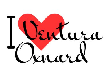 Ventura-Oxnard 'ı seviyorum, Birleşik Devletler şehri. Kırmızı kalpli el yazısıyla yazılmış mektuplar. Vektör illüstrasyonu, modern tasarım