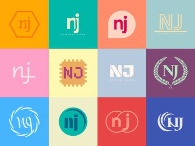 NJ logo şirketi şablonu. Harf n ve j logoti. Tasarım elemanları ile farklı klasik serif harfleri ve modern kalın metin ayarla. İlk yazı tipi tipografisi.