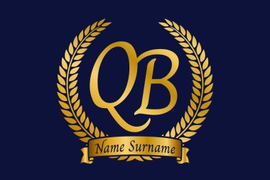 Q ve B harfleri, defne çelenkli QB monogram logo tasarımı. Kaligrafi yazı tipli lüks altın amblem.