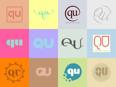 QU logo şirketi şablonu. Q ve U harfi logoti. Tasarım elemanları ile farklı klasik serif harfleri ve modern kalın metin ayarla. İlk yazı tipi tipografisi.