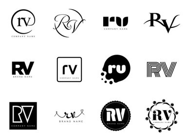 Karavan logo şirketi şablonu. R harfi ve V logoti. Tasarım elemanları ile farklı klasik serif harfleri ve modern kalın metin ayarla. İlk yazı tipi tipografisi.