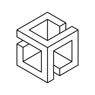 Küp logosu, geometrik vektör tasarımı. Tek renkli kutu logoti şirketi, izometrik çizgi biçiminde moda teknoloji amblemi.