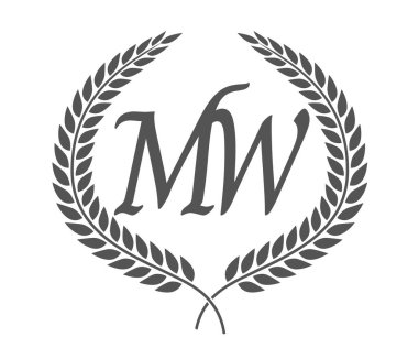 İlk harf M ve W, defne çelenkli MW monogram logo tasarımı. Kaligrafi yazı tipli lüks amblem.