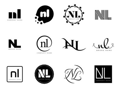 NL logo şirketi şablonu. Harf N ve ben logoti. Tasarım elemanları ile farklı klasik serif harfleri ve modern kalın metin ayarla. İlk yazı tipi tipografisi.