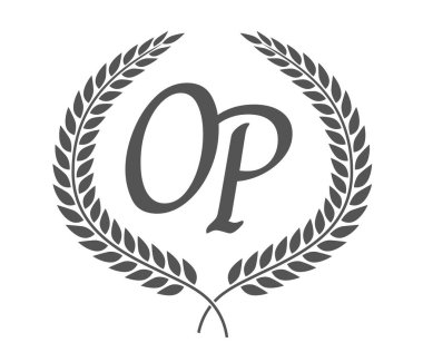 İlk harf O ve P, OP monogram logo tasarımı defne çelengi. Kaligrafi yazı tipli lüks amblem.